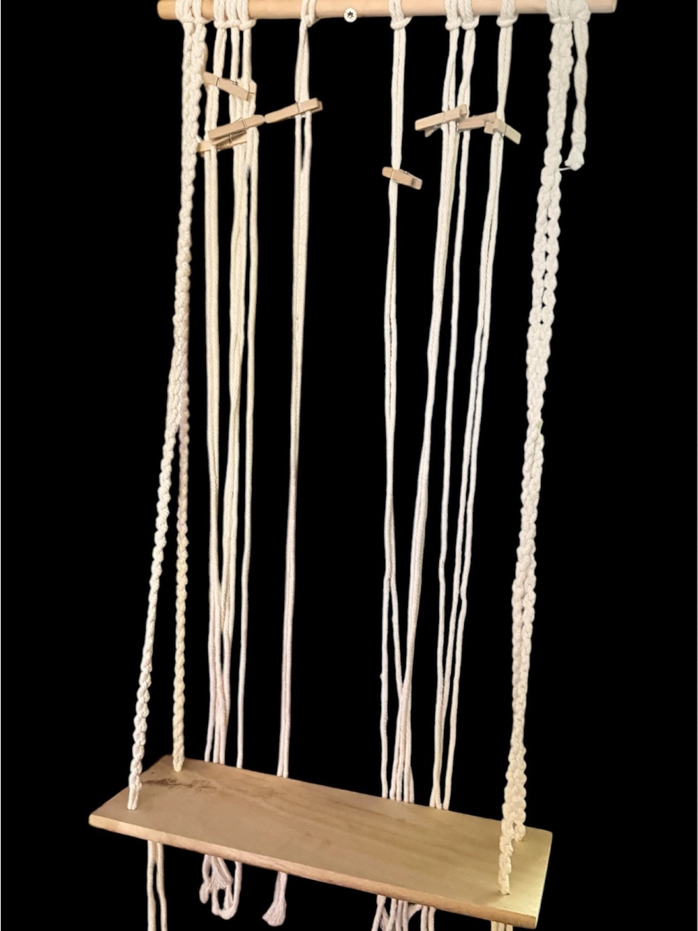 Cream Macrame Rope Swing with Wooden Seat